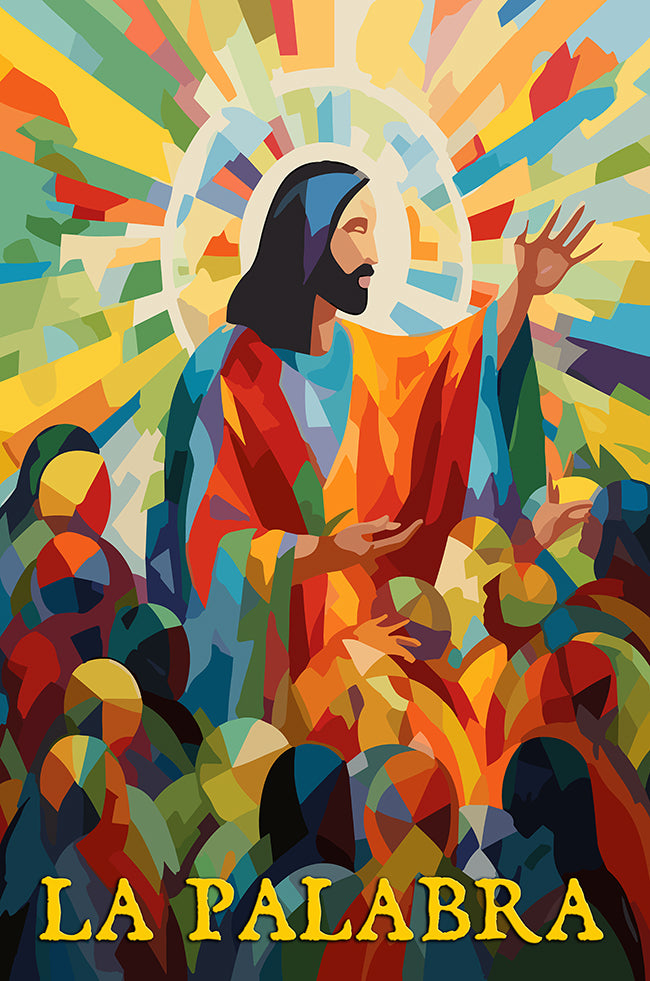 Imagen muy colorida de Jesus predicando con mucha gente alrededor