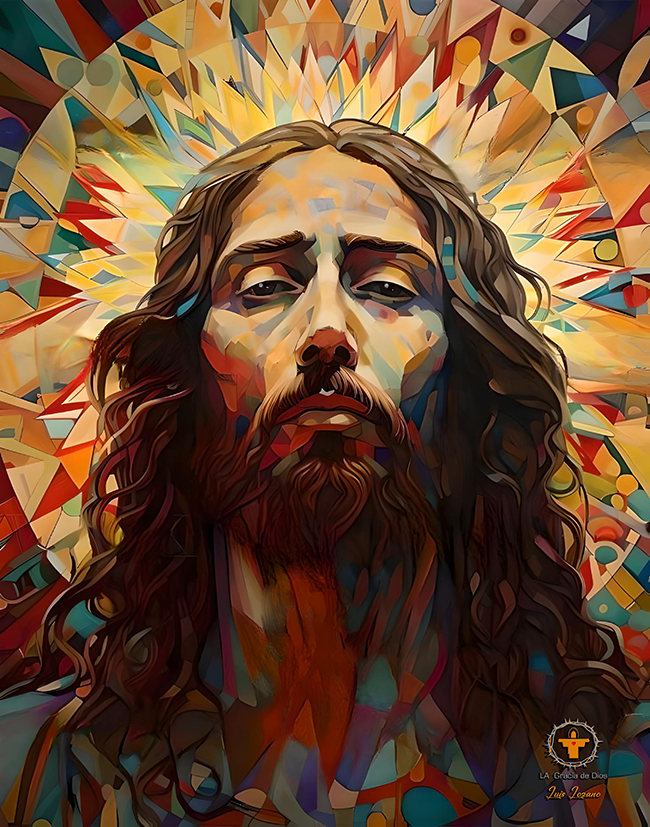 Imagen frontal del rostro de Jesucristo con mirada fija 
