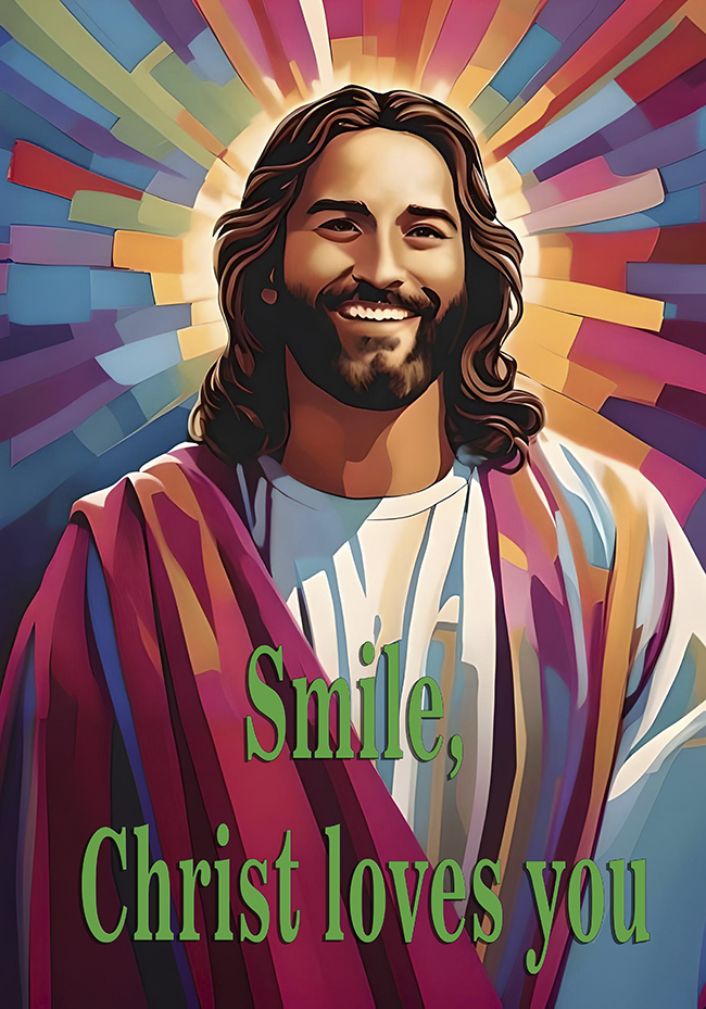 Imagen de Cristo sonriente con texto sonrie Cristo te ama