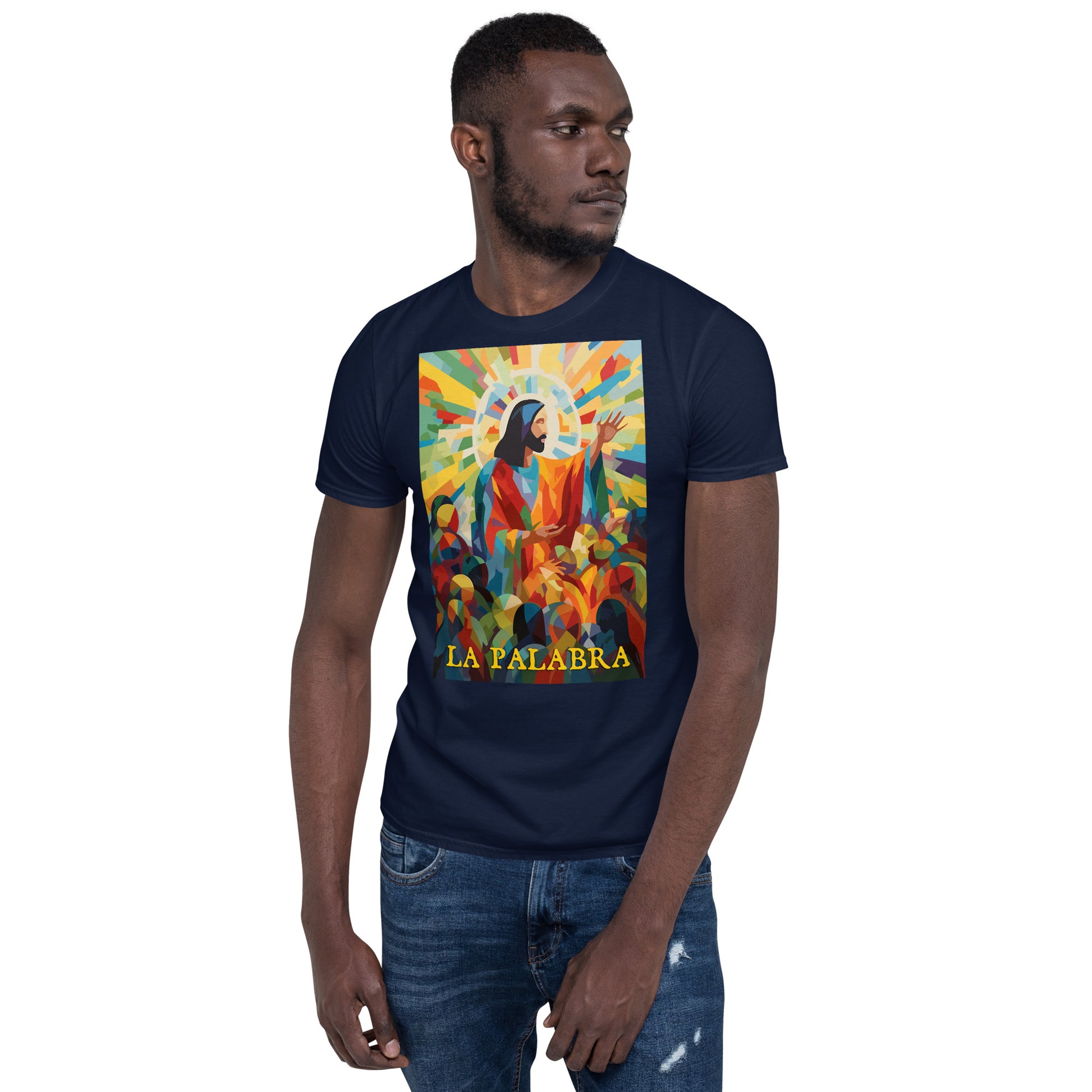 camiseta azul con imagen de cristo predicando