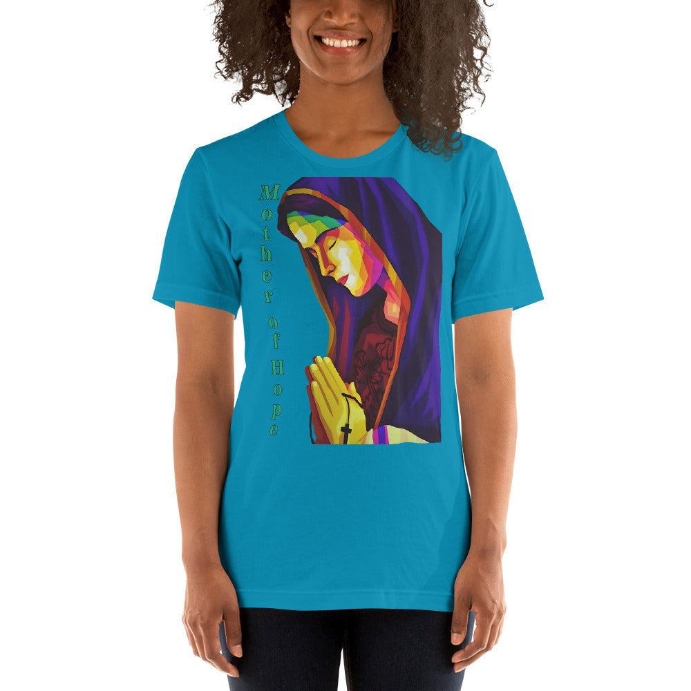 camiseta color celeste con imagen de la virgen María