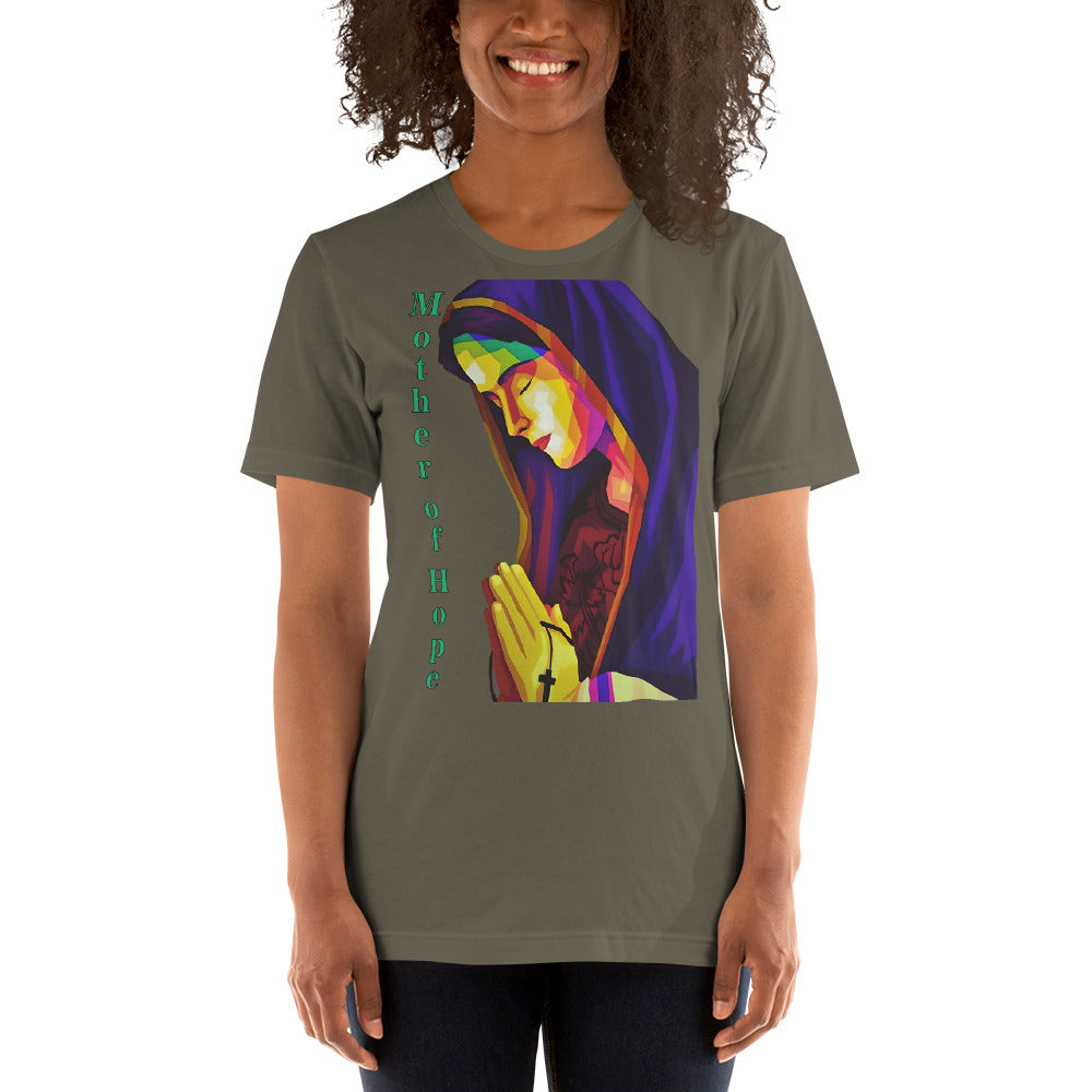 camiseta verde petroleo con imagen de la virgen María