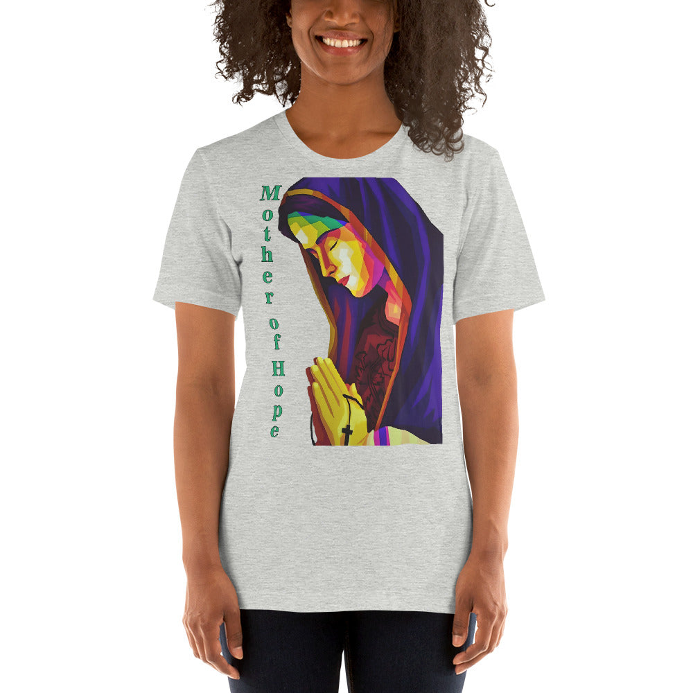 camiseta color plomo con imagen de la virgen María