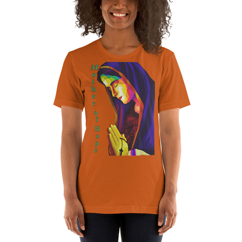 camiseta color anaranjado con imagen de la virgen María
