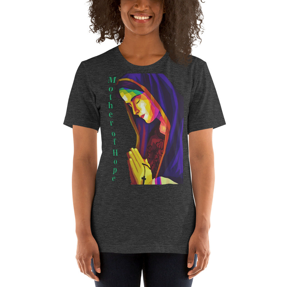 camiseta negra jaspeada con imagen de la virgen María