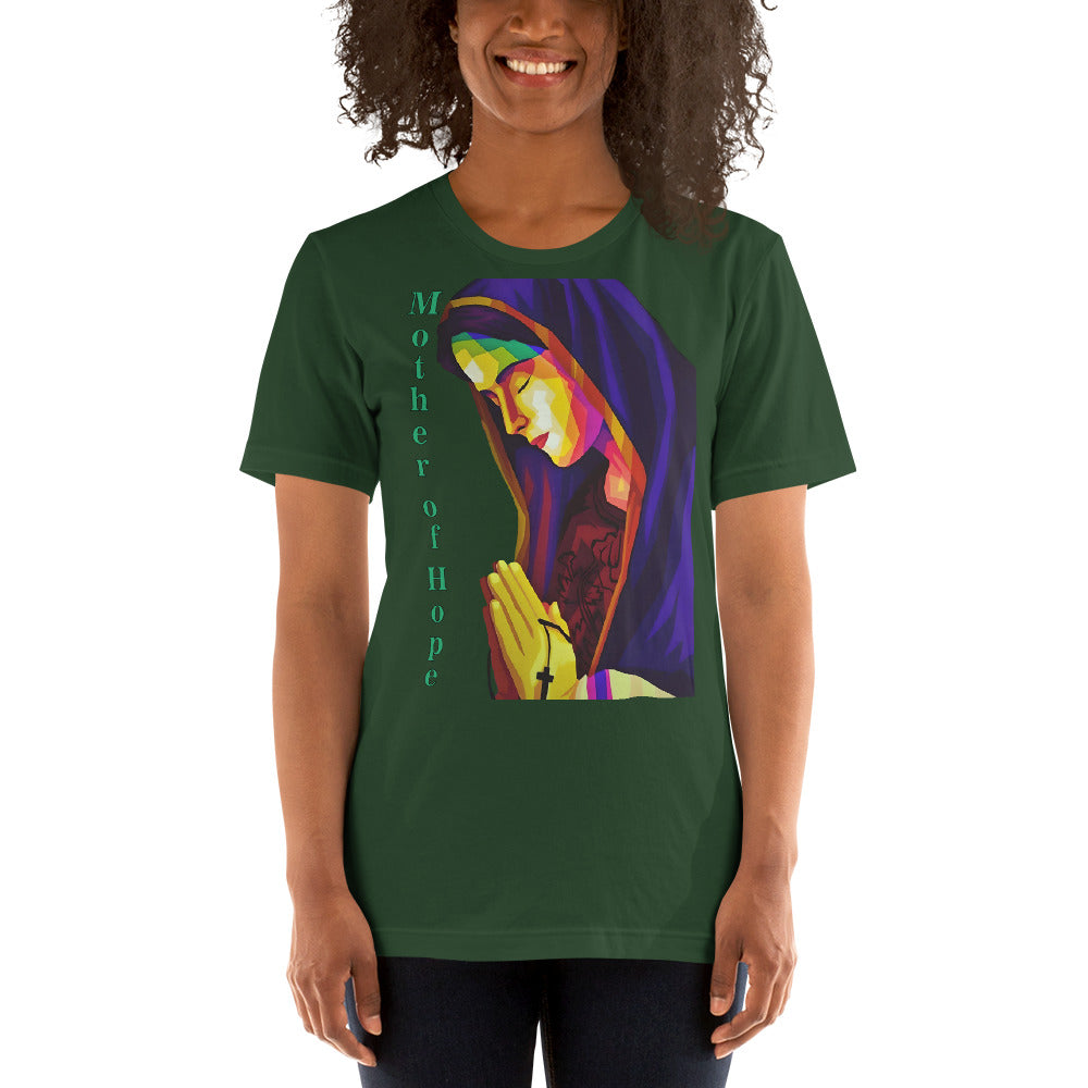 camiseta verde oscuro con imagen de la virgen María