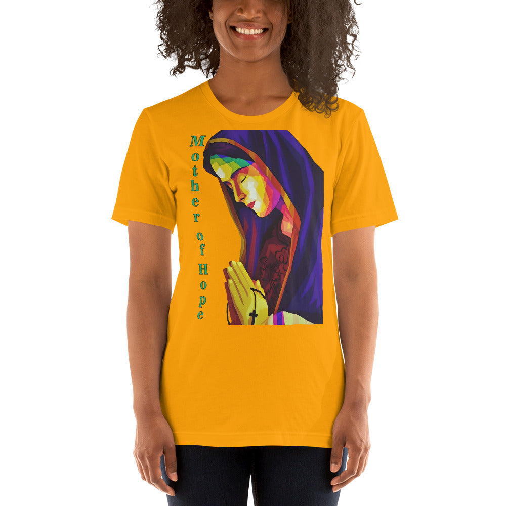 camiseta color oro con imagen de la virgen María