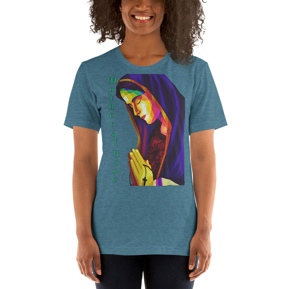 camiseta color celeste jaspeado con imagen de la virgen María