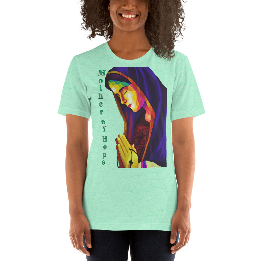 camiseta color verde limon con imagen de la virgen María