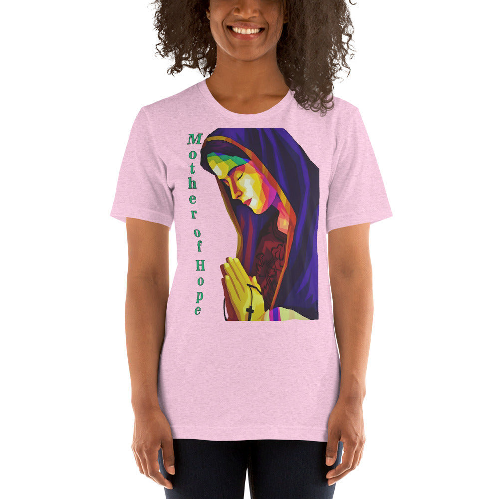 camiseta color rosa con imagen de la virgen María