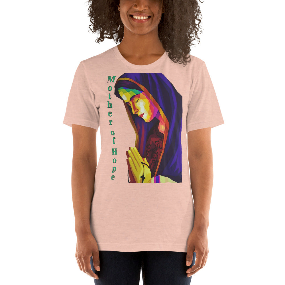camiseta color beis con imagen de la virgen María