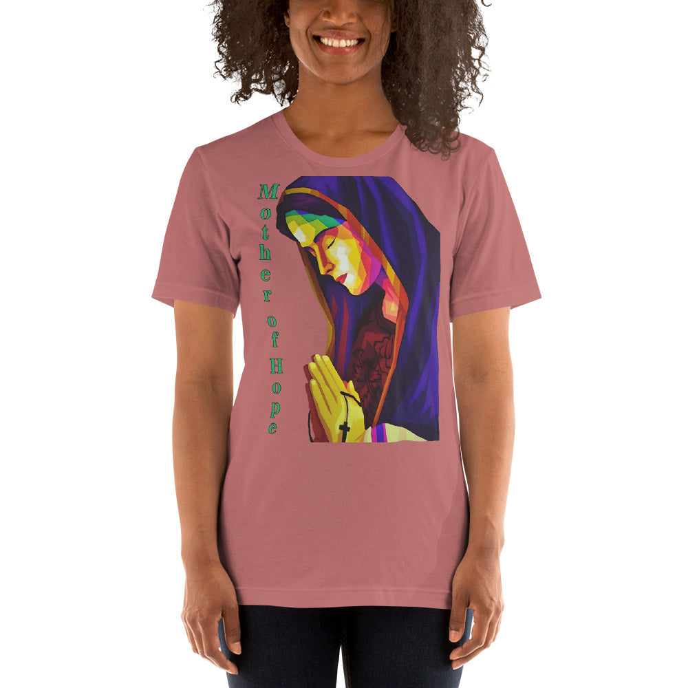camiseta color palo de rosa con imagen de la virgen María