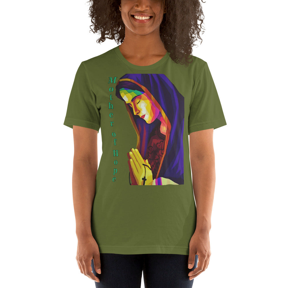 camiseta verde con imagen de la virgen María