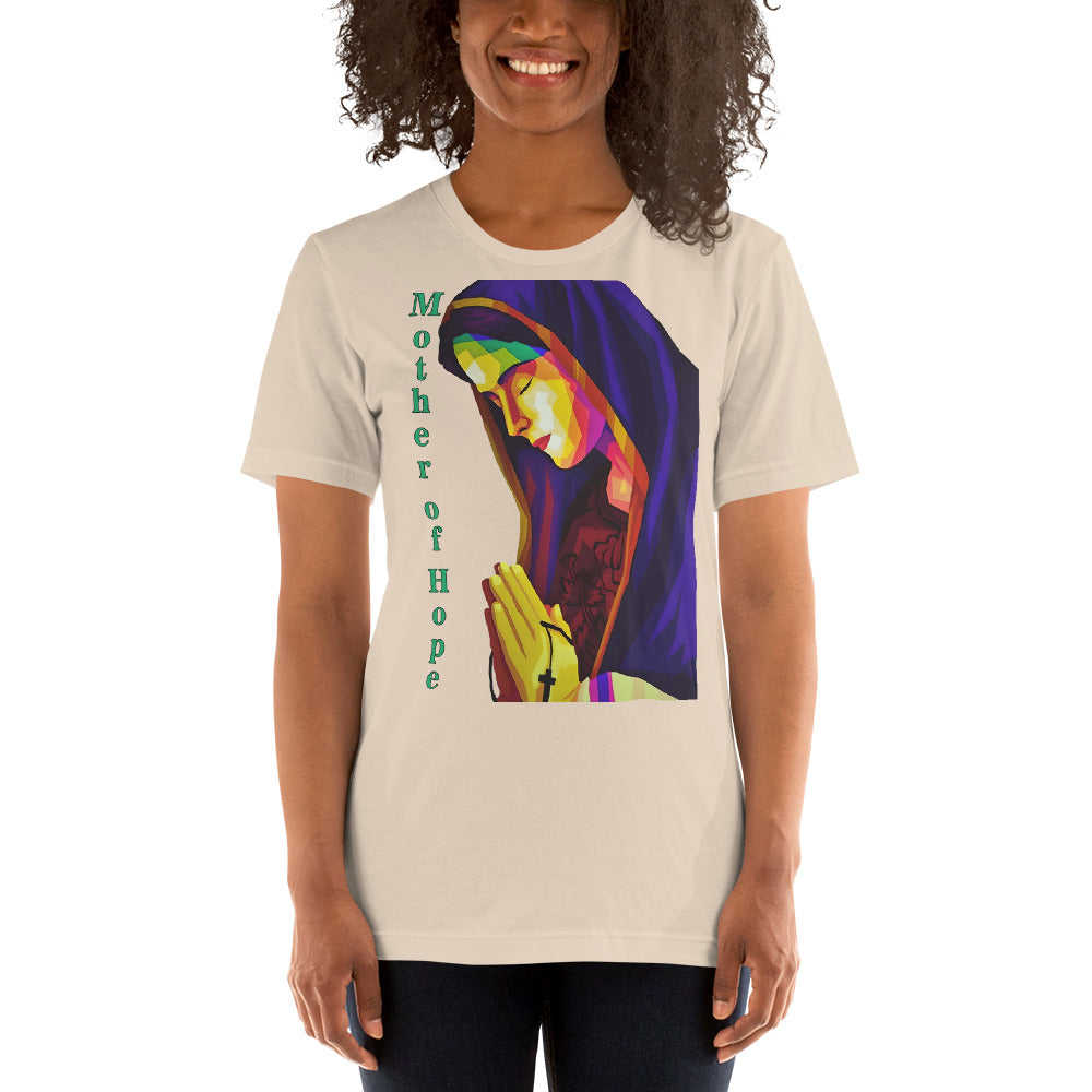 camiseta color crema con imagen de la virgen María