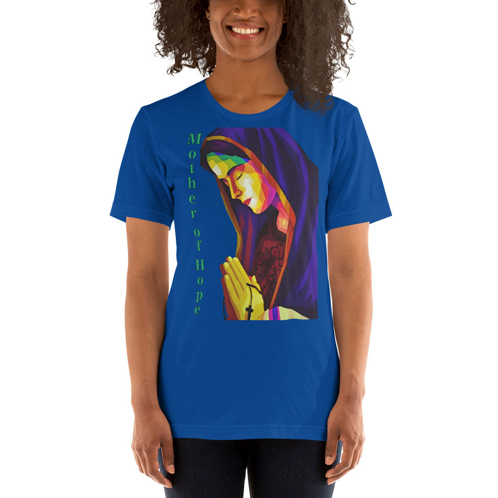 camiseta azulina con imagen de la virgen María
